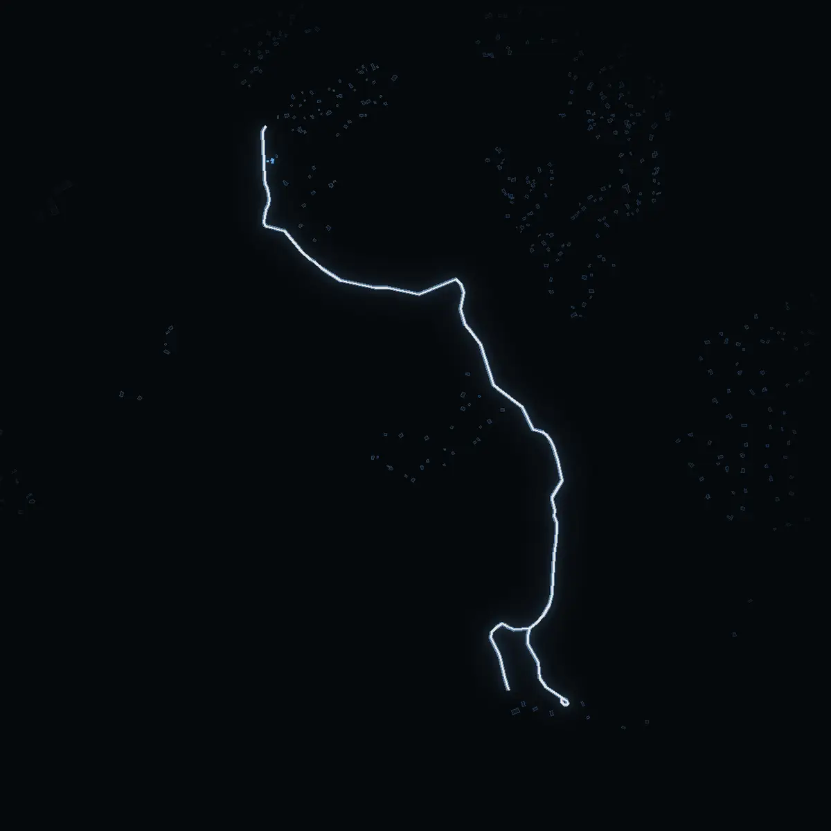 The street at night: Tavastbodavägen drawn in white, its buildings lit in the colour of their area’s income