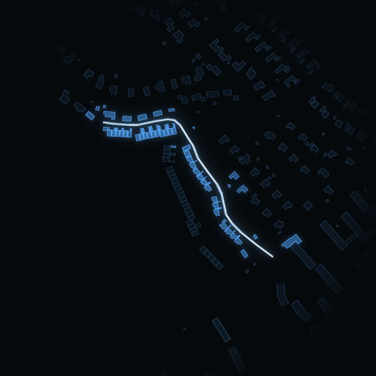 The street at night: Thun-Ollevägen drawn in white, its buildings lit in the colour of their area’s income