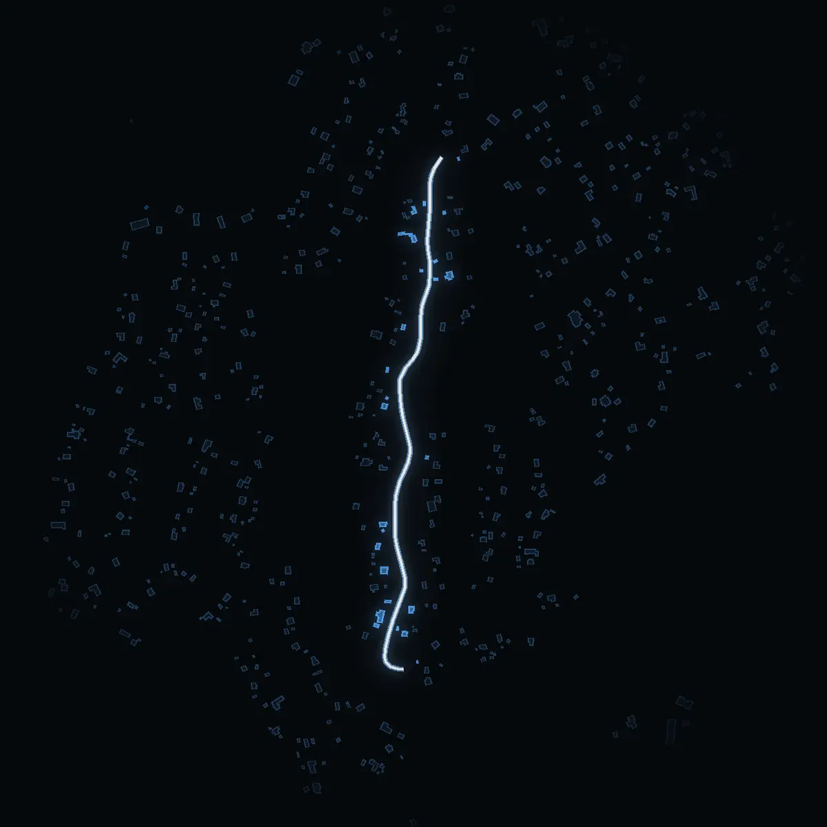 The street at night: Tistelängsvägen drawn in white, its buildings lit in the colour of their area’s income