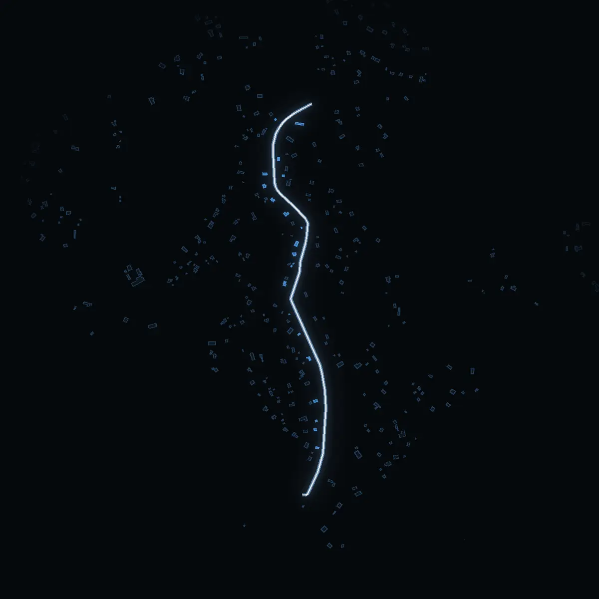 The street at night: Toholmsvägen drawn in white, its buildings lit in the colour of their area’s income