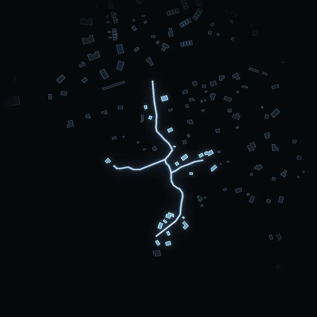 The street at night: Trollstigen drawn in white, its buildings lit in the colour of their area’s income