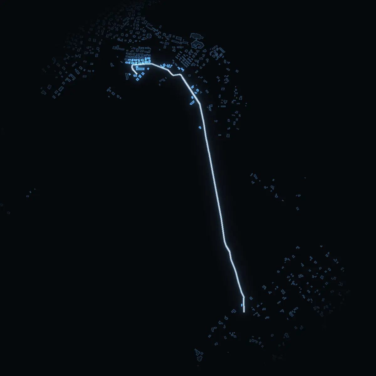 The street at night: Trovillevägen drawn in white, its buildings lit in the colour of their area’s income