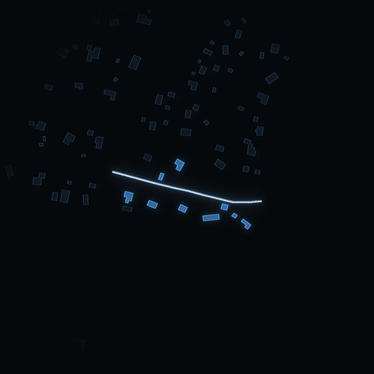 The street at night: Urbergsvägen drawn in white, its buildings lit in the colour of their area’s income