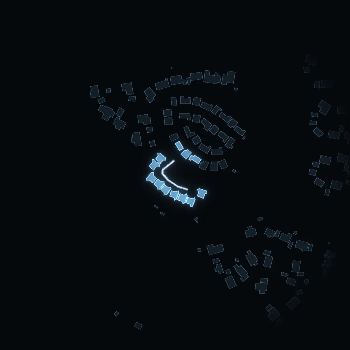 The street at night: Utsikten drawn in white, its buildings lit in the colour of their area’s income