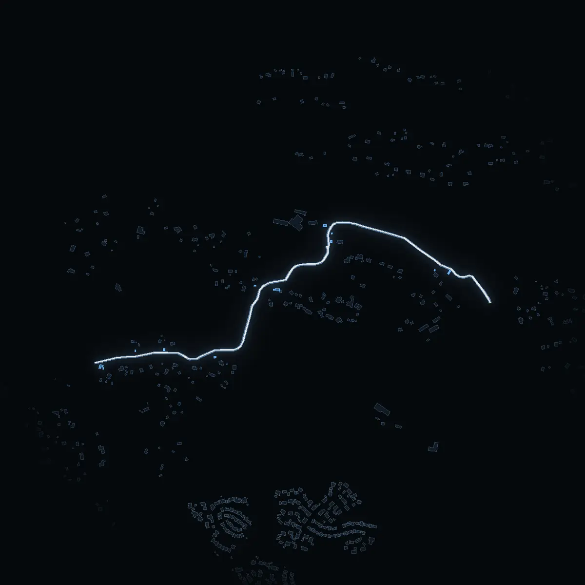 The street at night: Varvsvägen drawn in white, its buildings lit in the colour of their area’s income