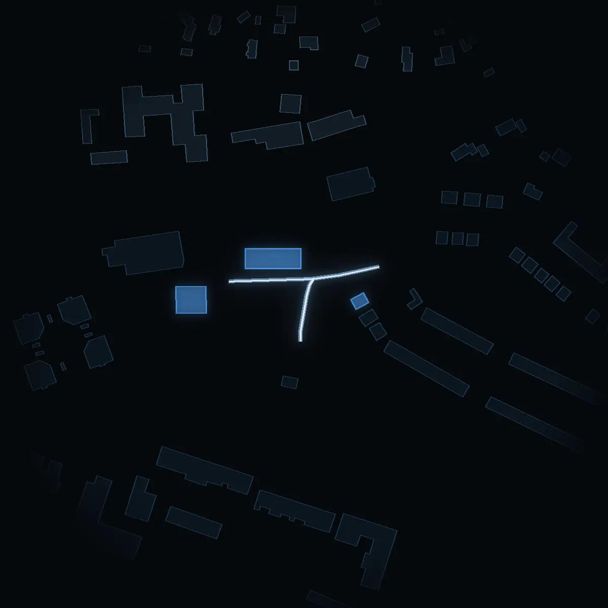 The street at night: Vitsippegränd drawn in white, its buildings lit in the colour of their area’s income