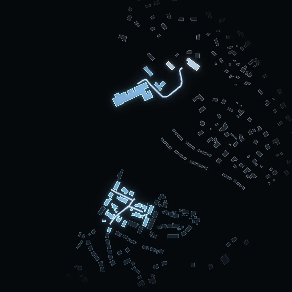 The street at night: Ankarvägen drawn in white, its buildings lit in the colour of their area’s income