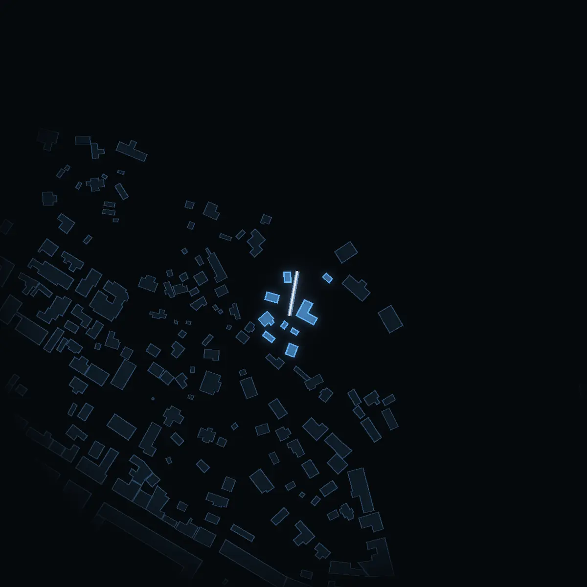 The street at night: Batterigatan drawn in white, its buildings lit in the colour of their area’s income