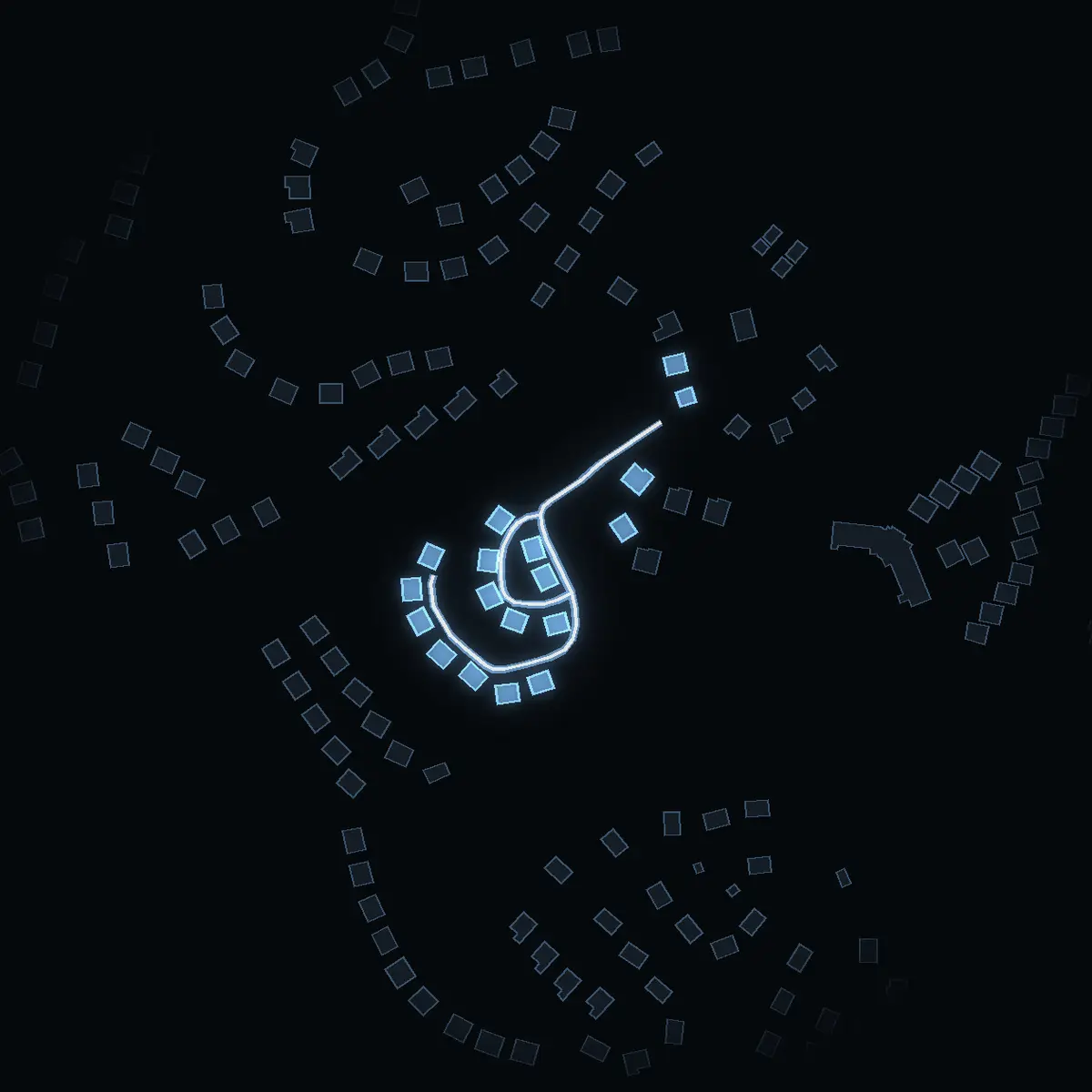 The street at night: Enbärsbacken drawn in white, its buildings lit in the colour of their area’s income