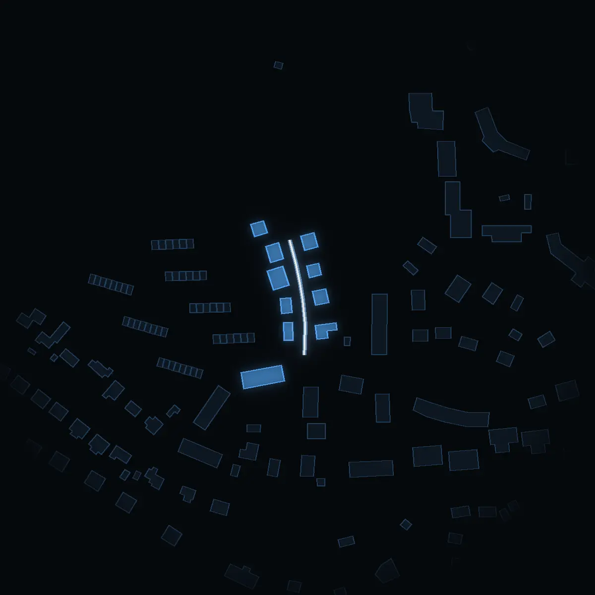 The street at night: Gökvägen drawn in white, its buildings lit in the colour of their area’s income