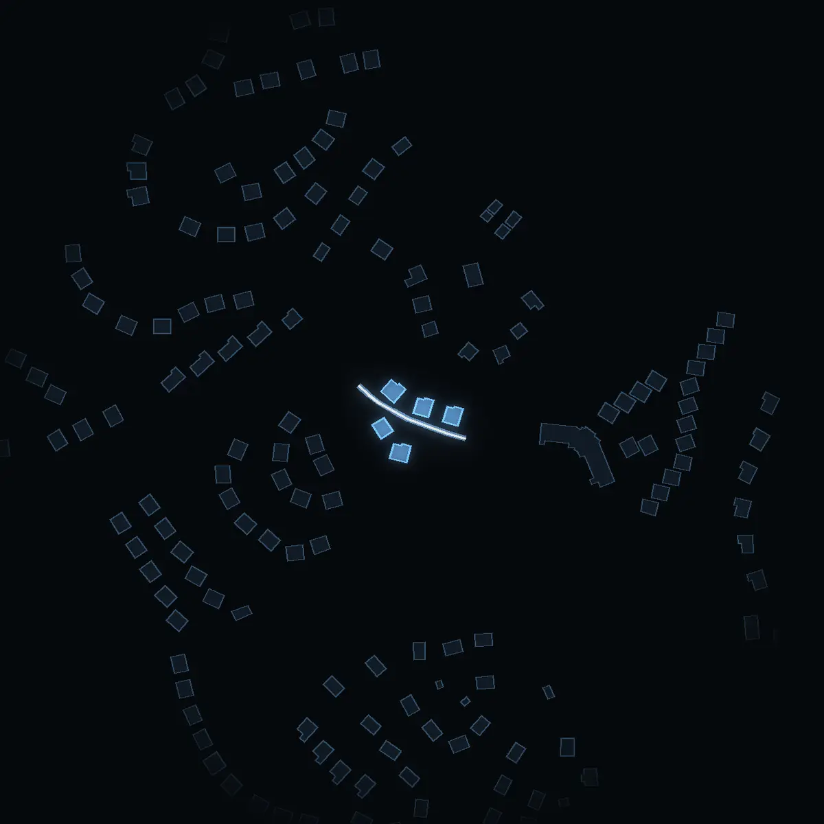 Gatan nattetid: Granbergsvägen inritad i vitt, husen tända i färgen för områdets inkomst