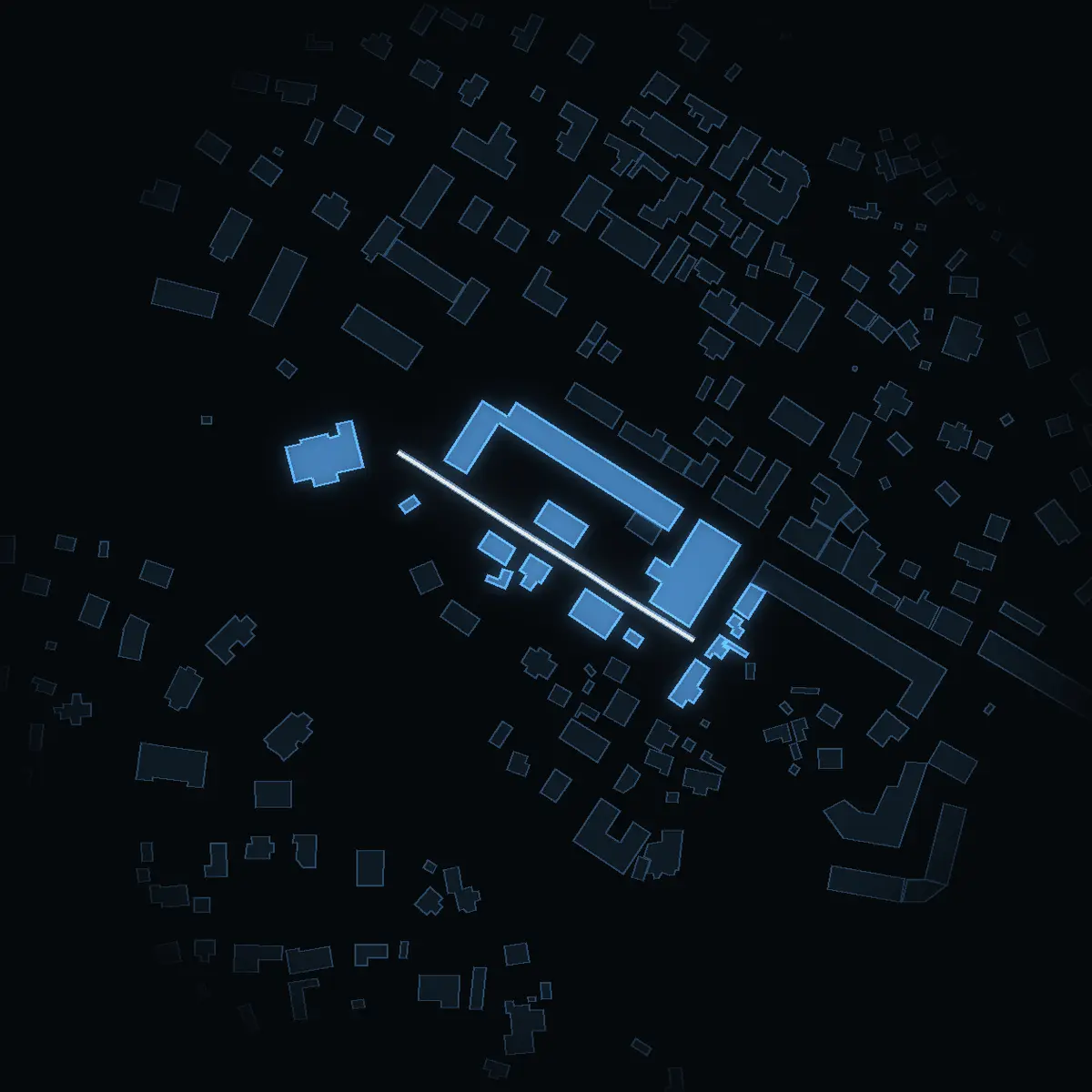The street at night: Kapellgatan drawn in white, its buildings lit in the colour of their area’s income