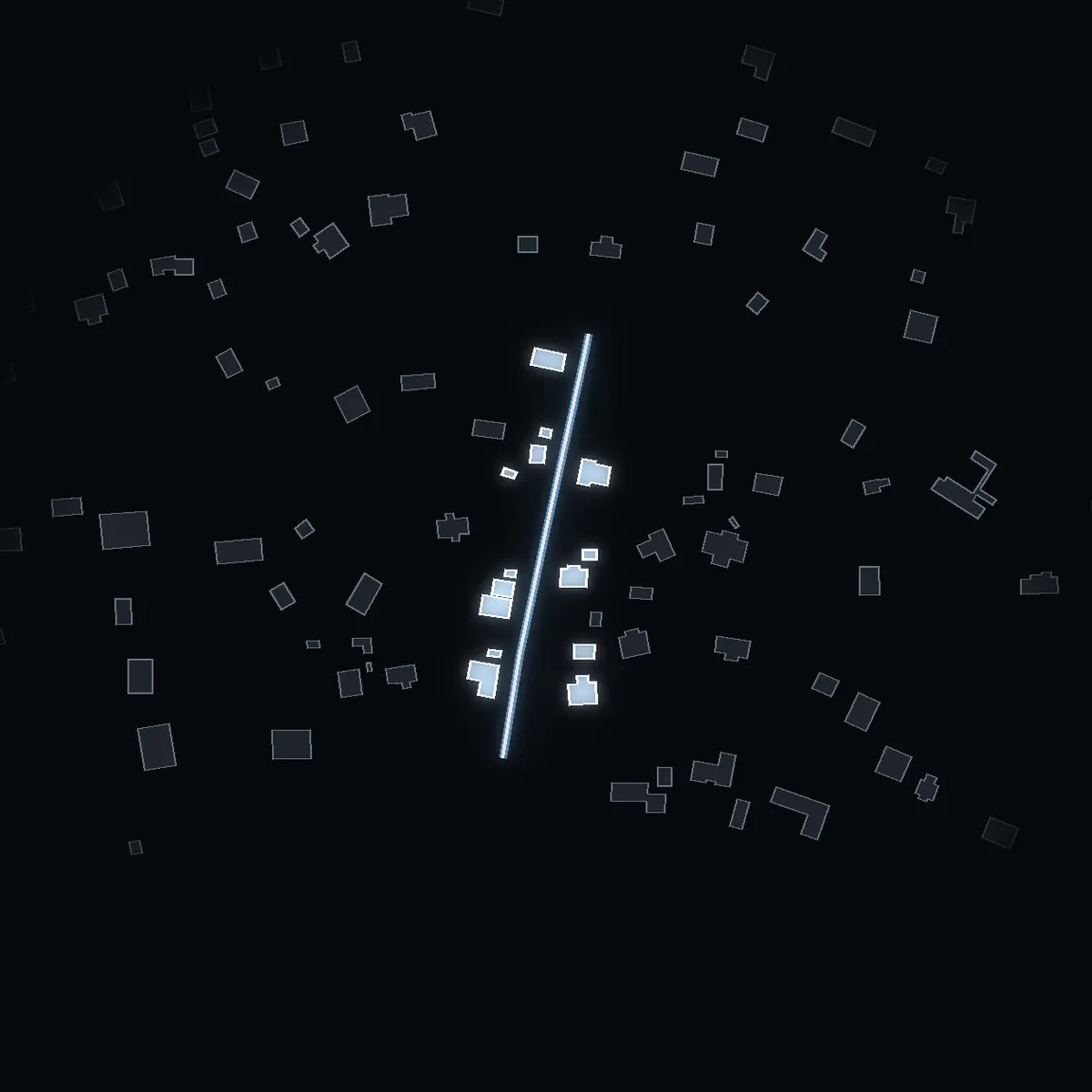 The street at night: Kodjupsvägen drawn in white, its buildings lit in the colour of their area’s income