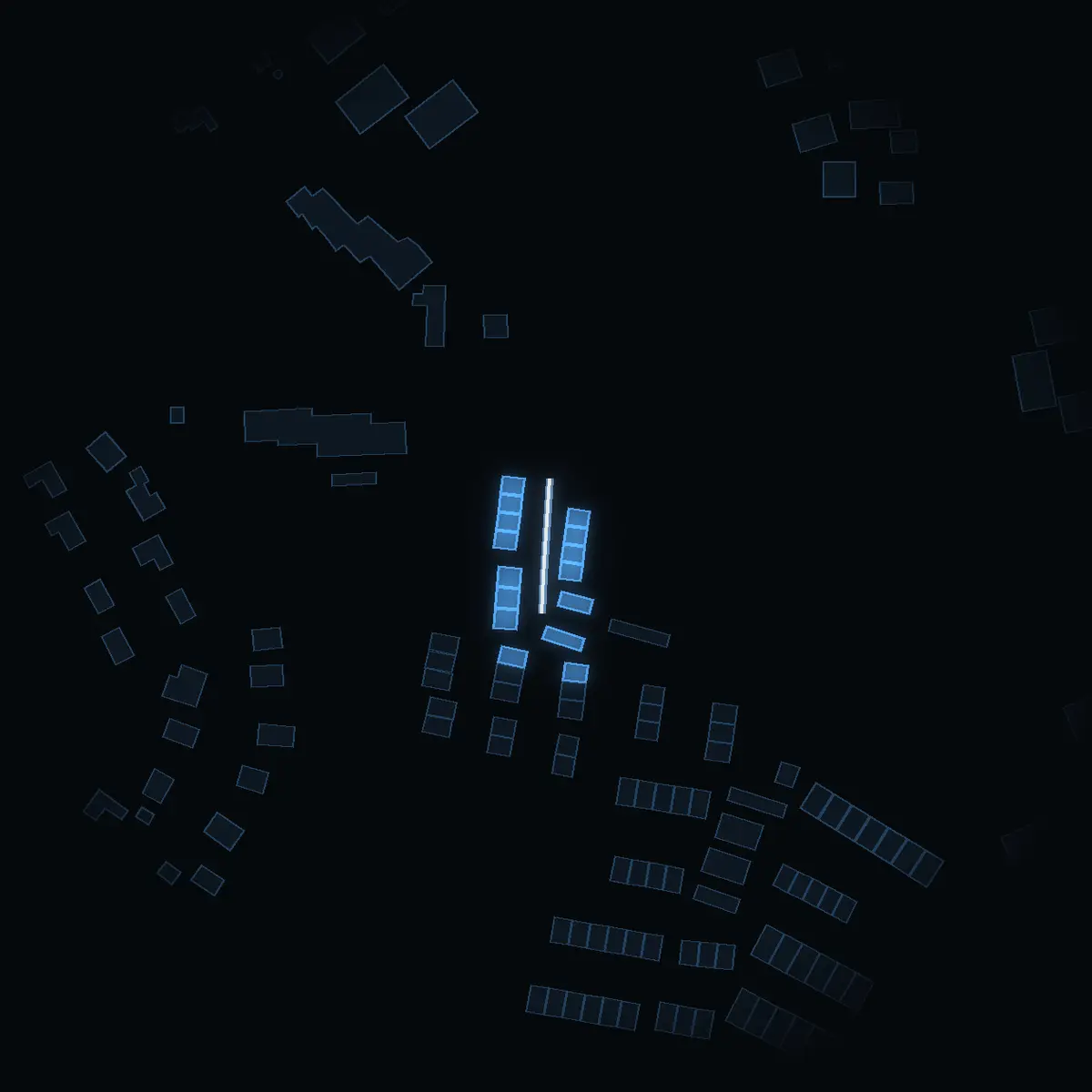 The street at night: Korsövägen drawn in white, its buildings lit in the colour of their area’s income
