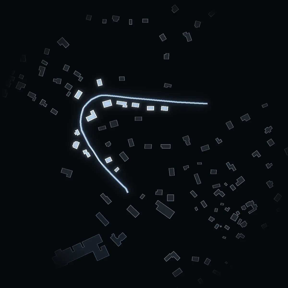 The street at night: Krokvägen drawn in white, its buildings lit in the colour of their area’s income