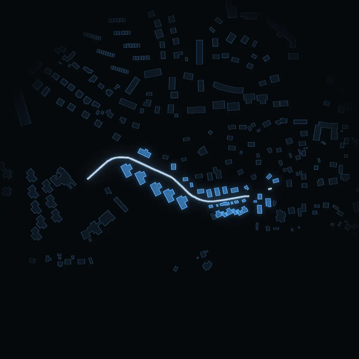 The street at night: Kronängsvägen drawn in white, its buildings lit in the colour of their area’s income