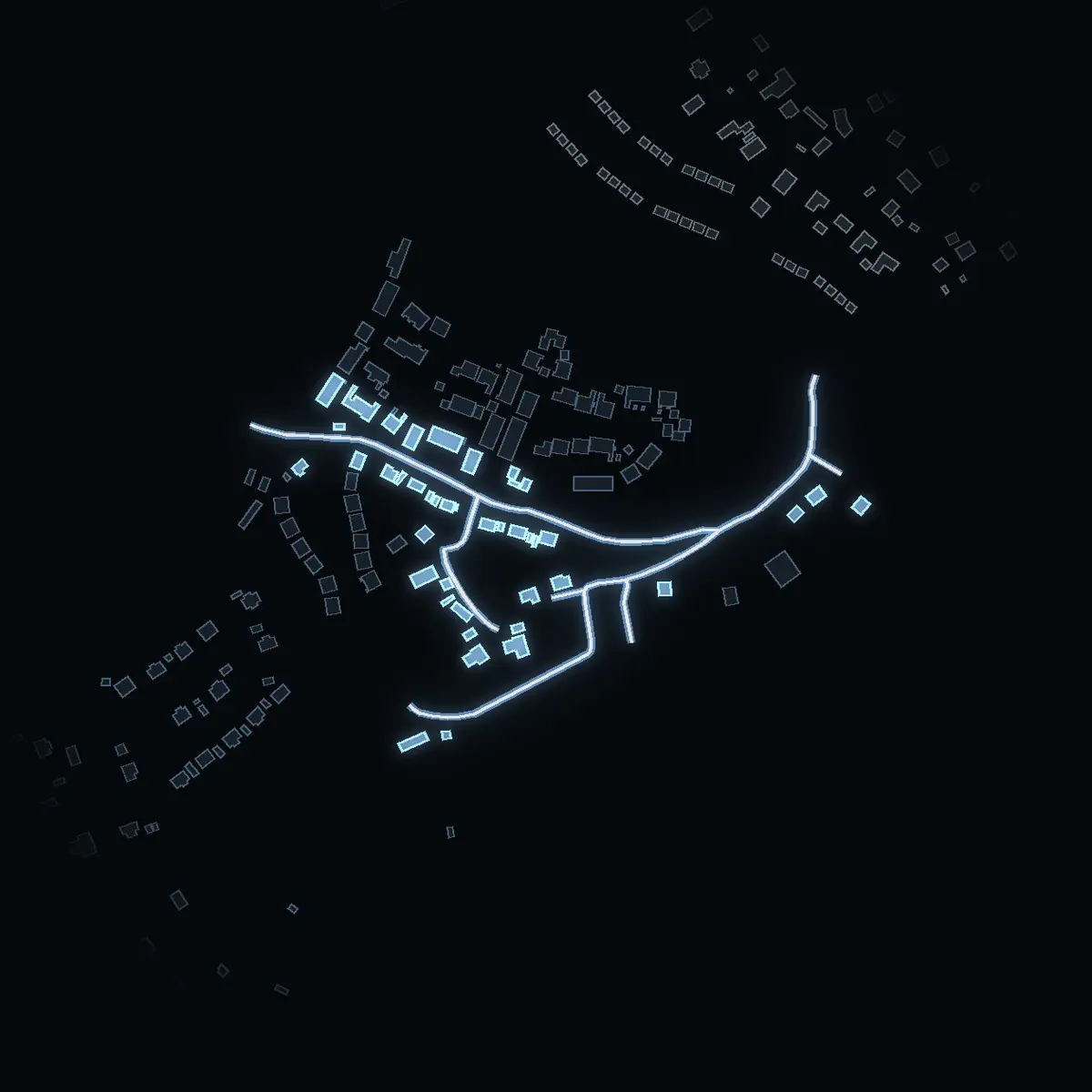 The street at night: Löjviksvägen drawn in white, its buildings lit in the colour of their area’s income