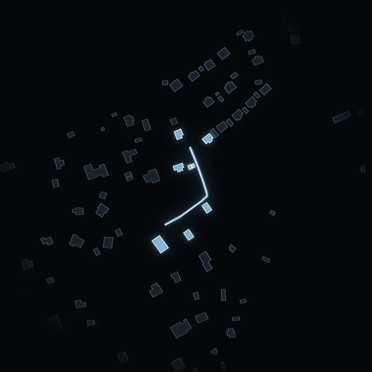 The street at night: Nätstigen drawn in white, its buildings lit in the colour of their area’s income
