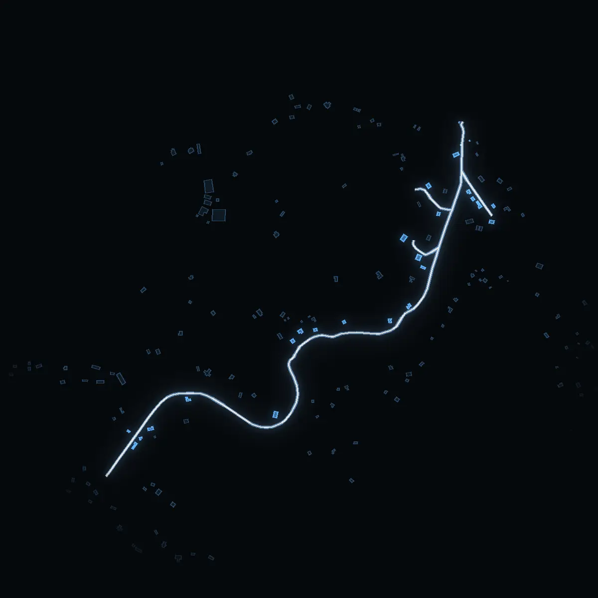 The street at night: Norra Tynningövägen drawn in white, its buildings lit in the colour of their area’s income