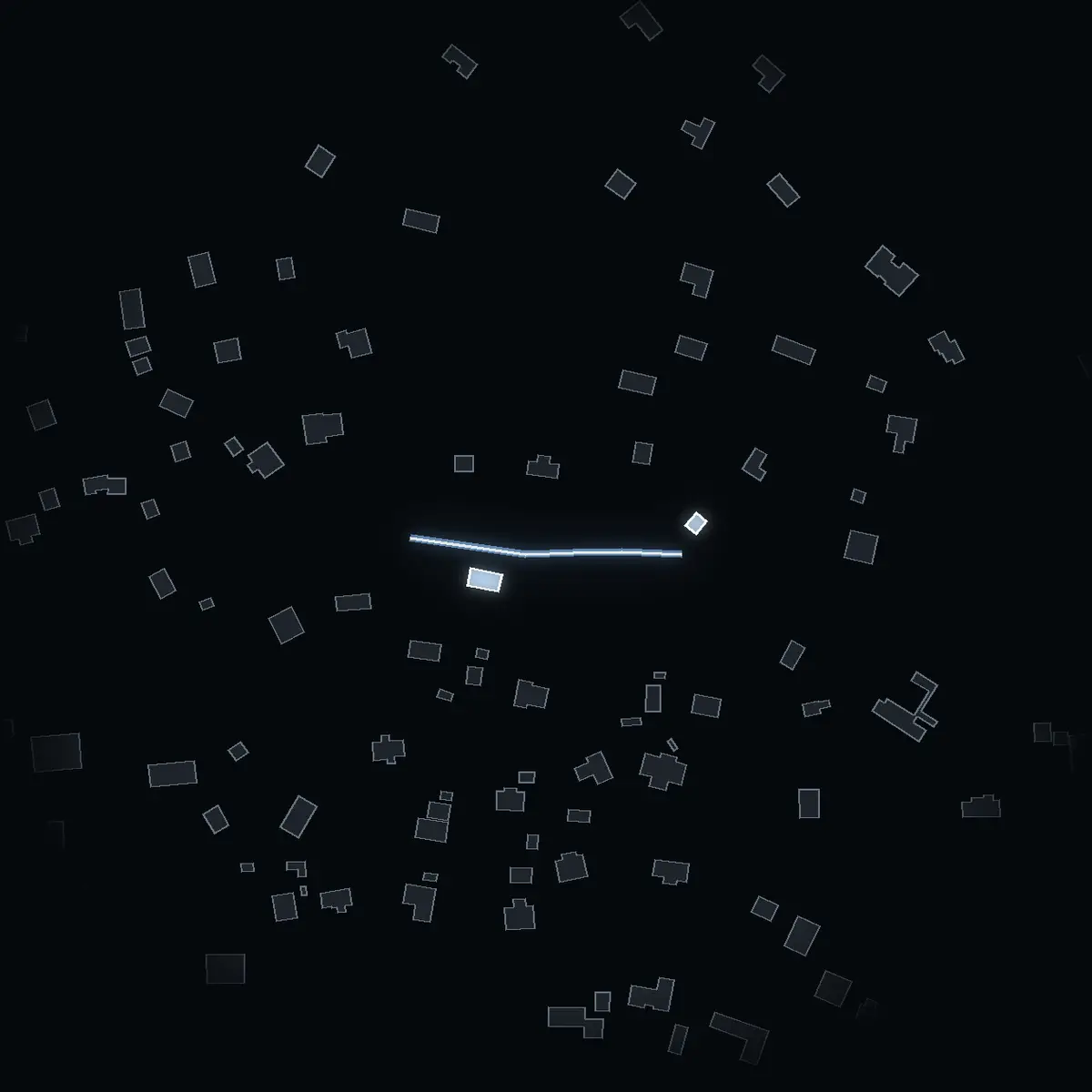 The street at night: Oxdjupsvägen drawn in white, its buildings lit in the colour of their area’s income