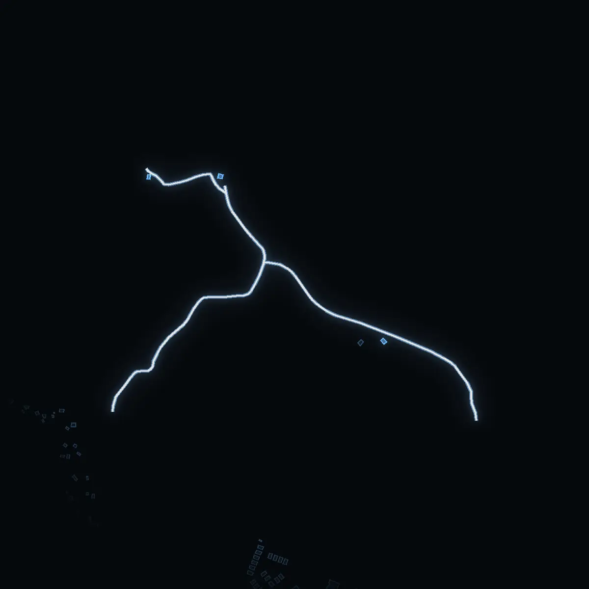 The street at night: Rörängsvägen drawn in white, its buildings lit in the colour of their area’s income