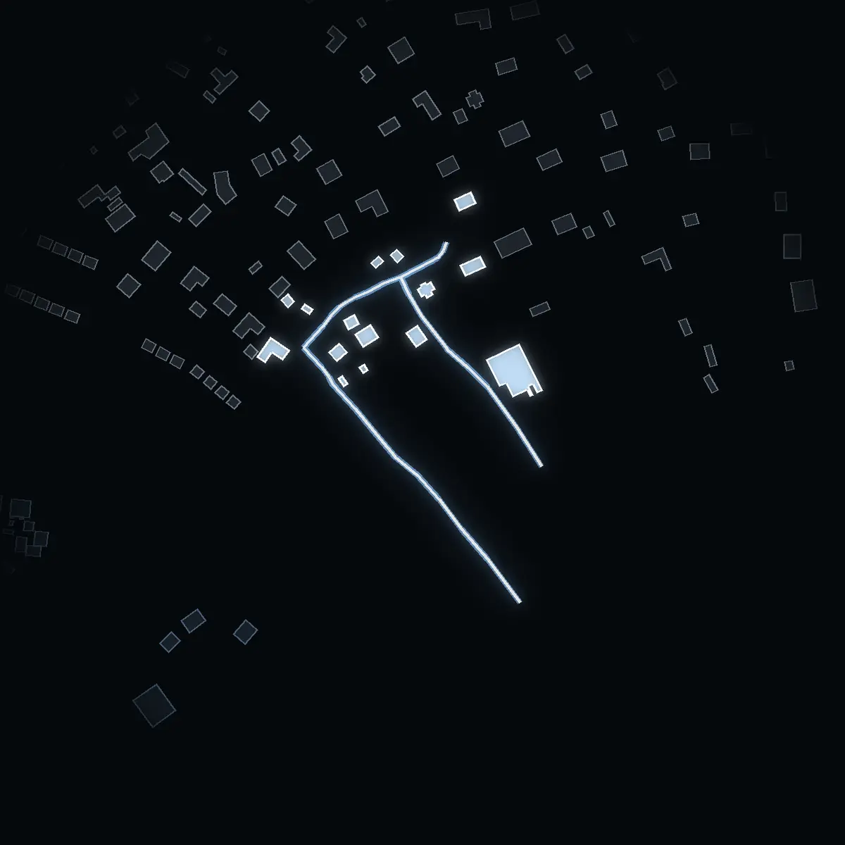 The street at night: Sjöviksvägen drawn in white, its buildings lit in the colour of their area’s income