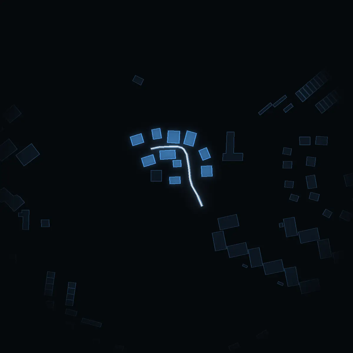 The street at night: Snäckvägen drawn in white, its buildings lit in the colour of their area’s income