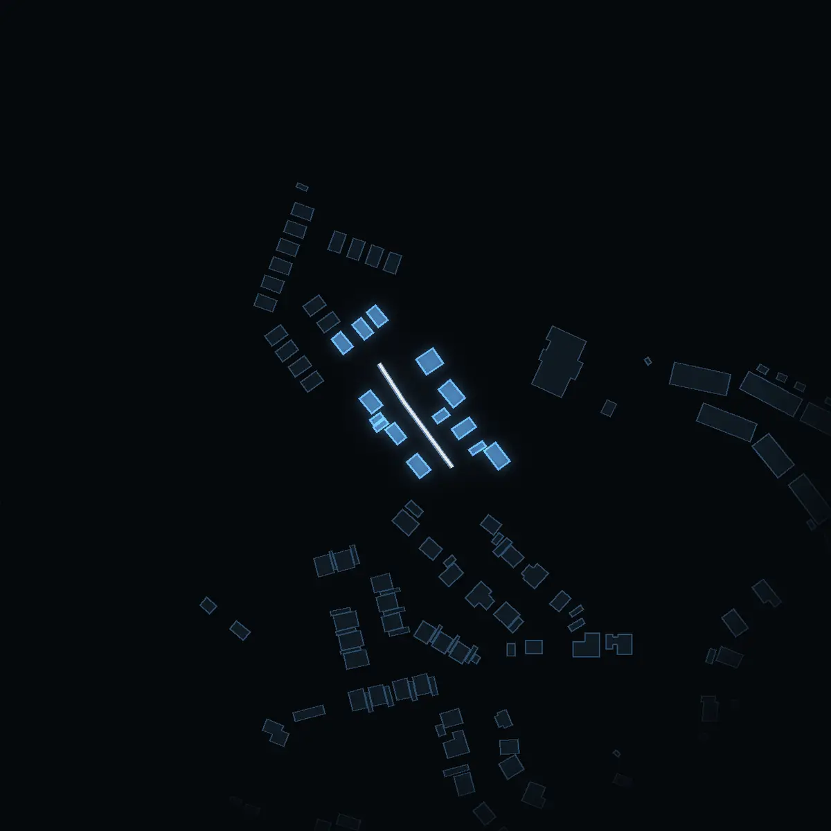 The street at night: Violvägen drawn in white, its buildings lit in the colour of their area’s income
